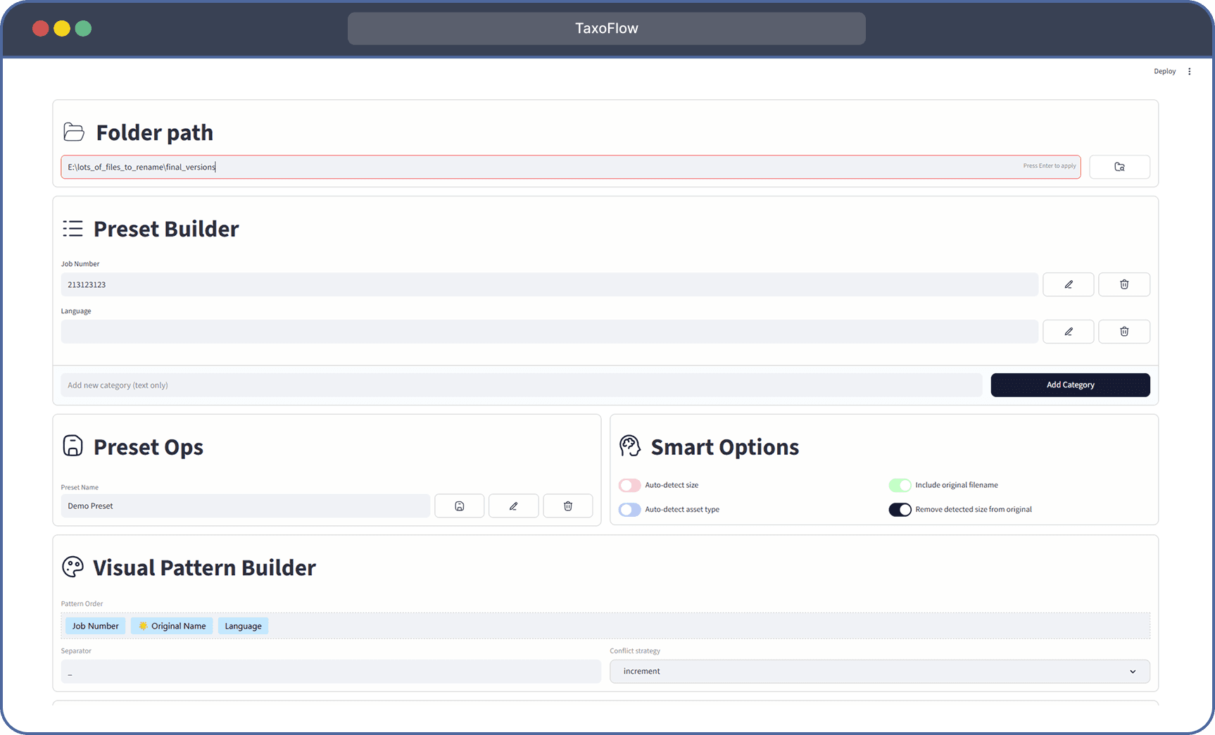 TaxoFlow app showing batch file renaming interface